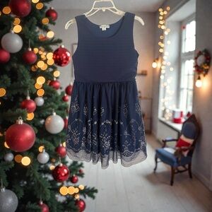 Knit Works Girls Formal Dress Size 16 Navy Blue w Sparkle Flowers, Tulle